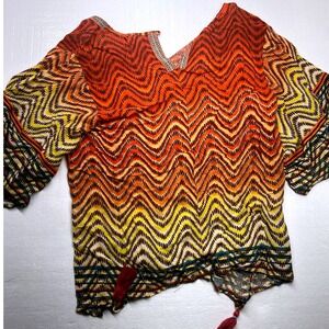 Democracy Flowy Boho Sunset ColorsYellow Chevron Tassel Kimono Top Boho Bohemian